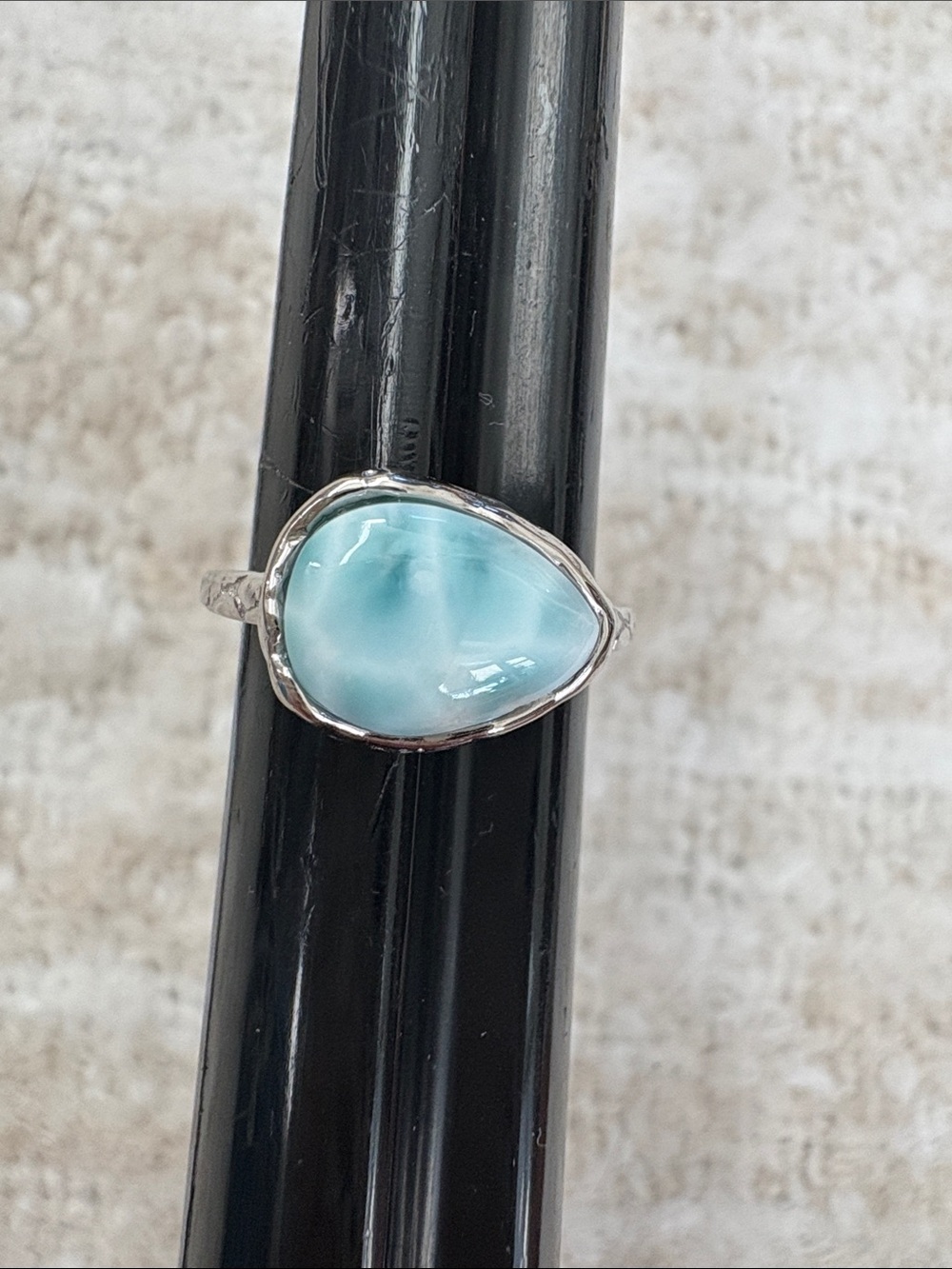 Genuine Larimar Teardrop Ring, S925in Sterling Silver Ring. Size 7